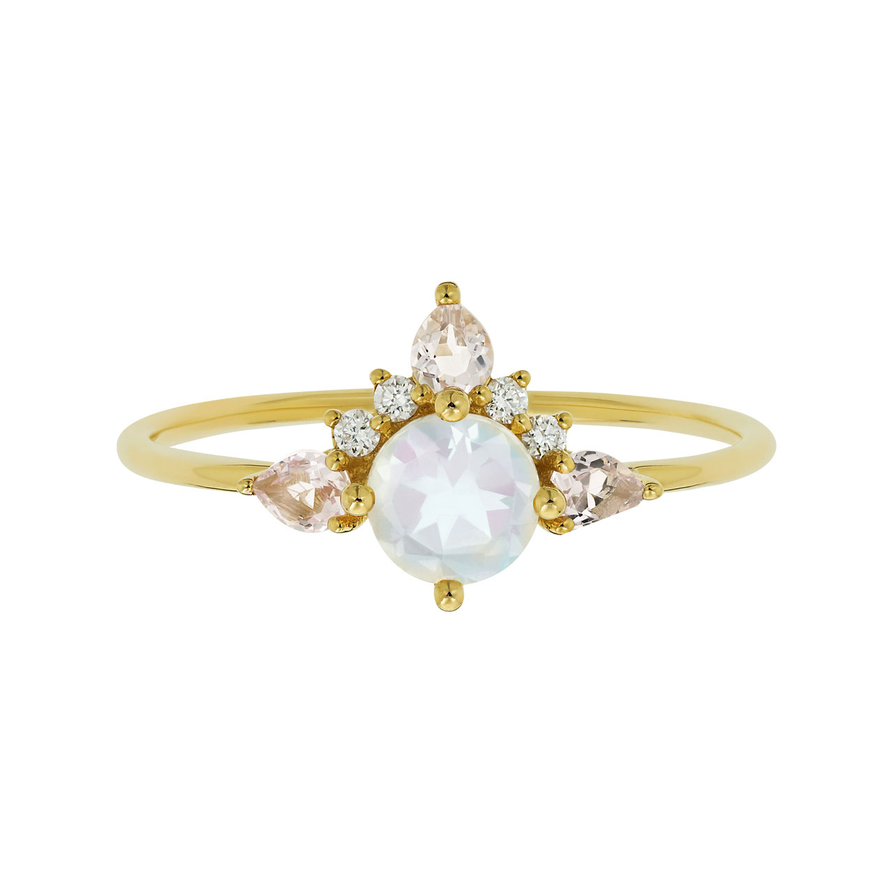 14K yellow gold round moonstone ring with diamond and pink morganite accent stones