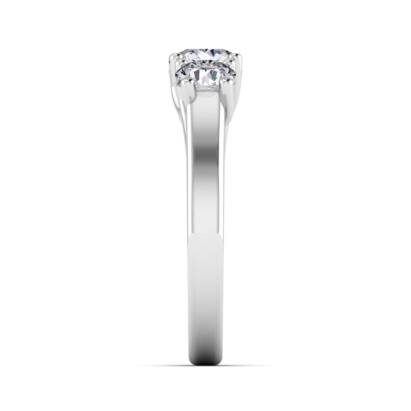 14K white gold three stone engagement ring with round lab grown diamonds and a polished band