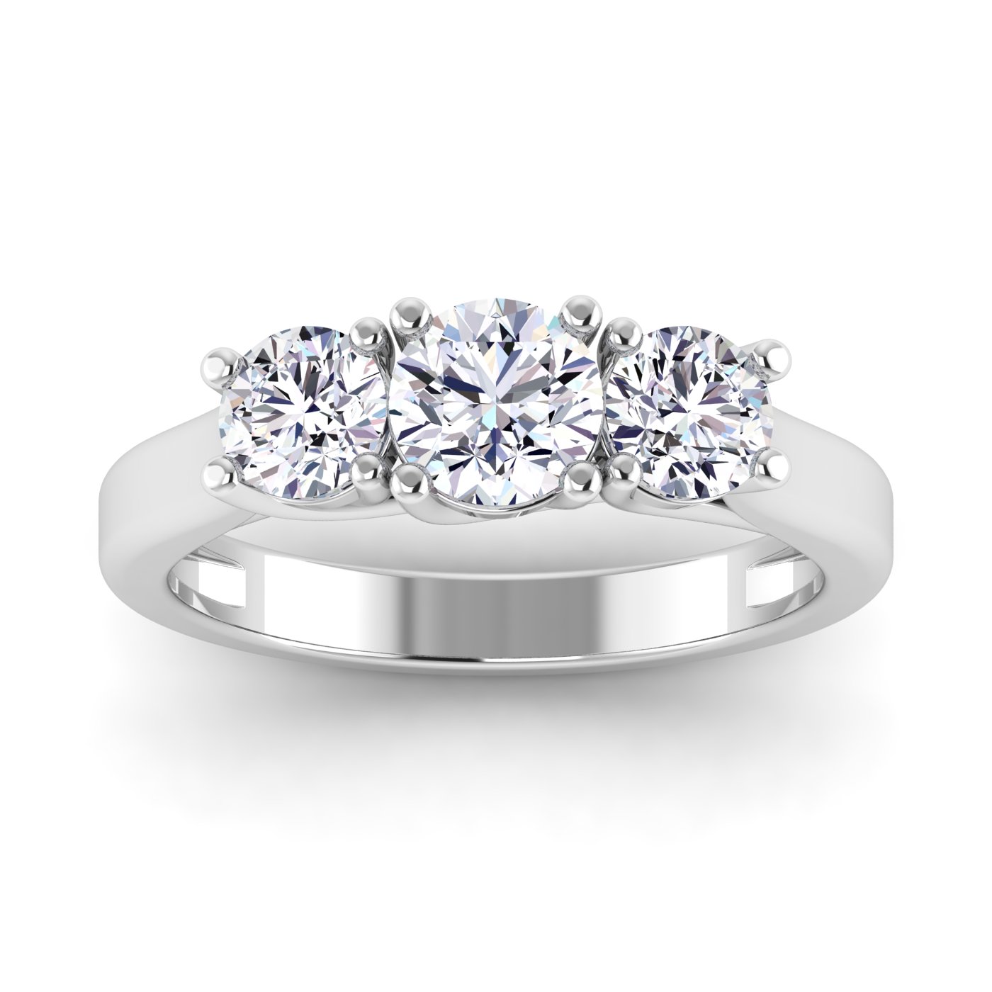 14K white gold three stone engagement ring with round lab grown diamonds and a polished band