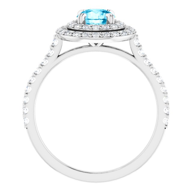 14K gold double halo engagement ring with round aquamarine center stone and lab grown diamond accented halo with polished band