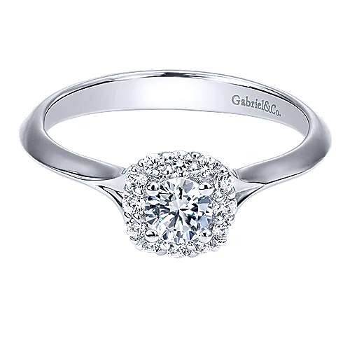 14K white gold halo engagement ring with round natural diamond center stone and diamond accented halo with polished band and matching polished wedding ring