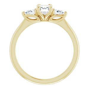 14K yellow gold three stone engagement ring with emerald-cut lab grown diamond center stone and pear shaped side stones with a knife-edge polished band