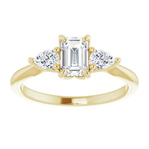 14K yellow gold three stone engagement ring with emerald-cut lab grown diamond center stone and pear shaped side stones with a knife-edge polished band
