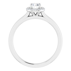 14K white gold halo engagement ring with round moissanite center stone and diamond halo with a polished band