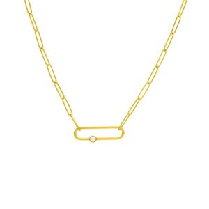 14K yellow gold paper clip chain necklace with bezel set diamond