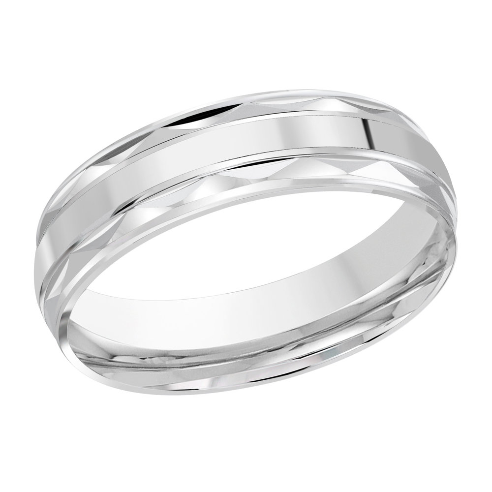 Men's white gold wedding ring embellished with high polish grooves and striking high polish triangular cuts along the edges.