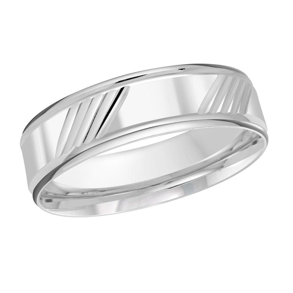 Men's white gold wedding ring with multiple high polish diagonal grooves along its  center and high polish edges.