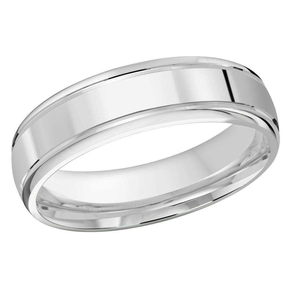 Men's white gold wedding ring features with high polish edges.