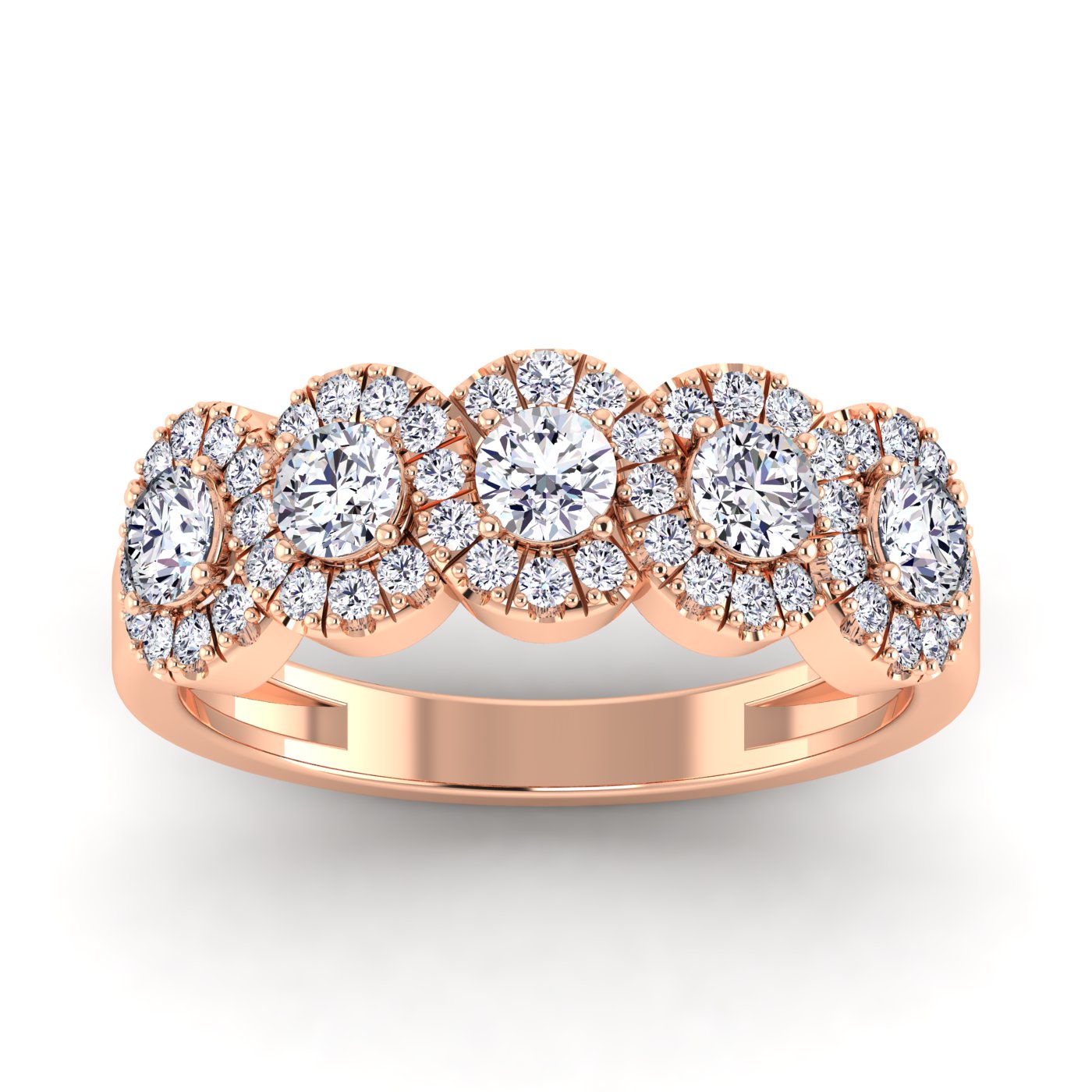 14K rose gold anniversary ring with five round lab-grown diamonds and halos