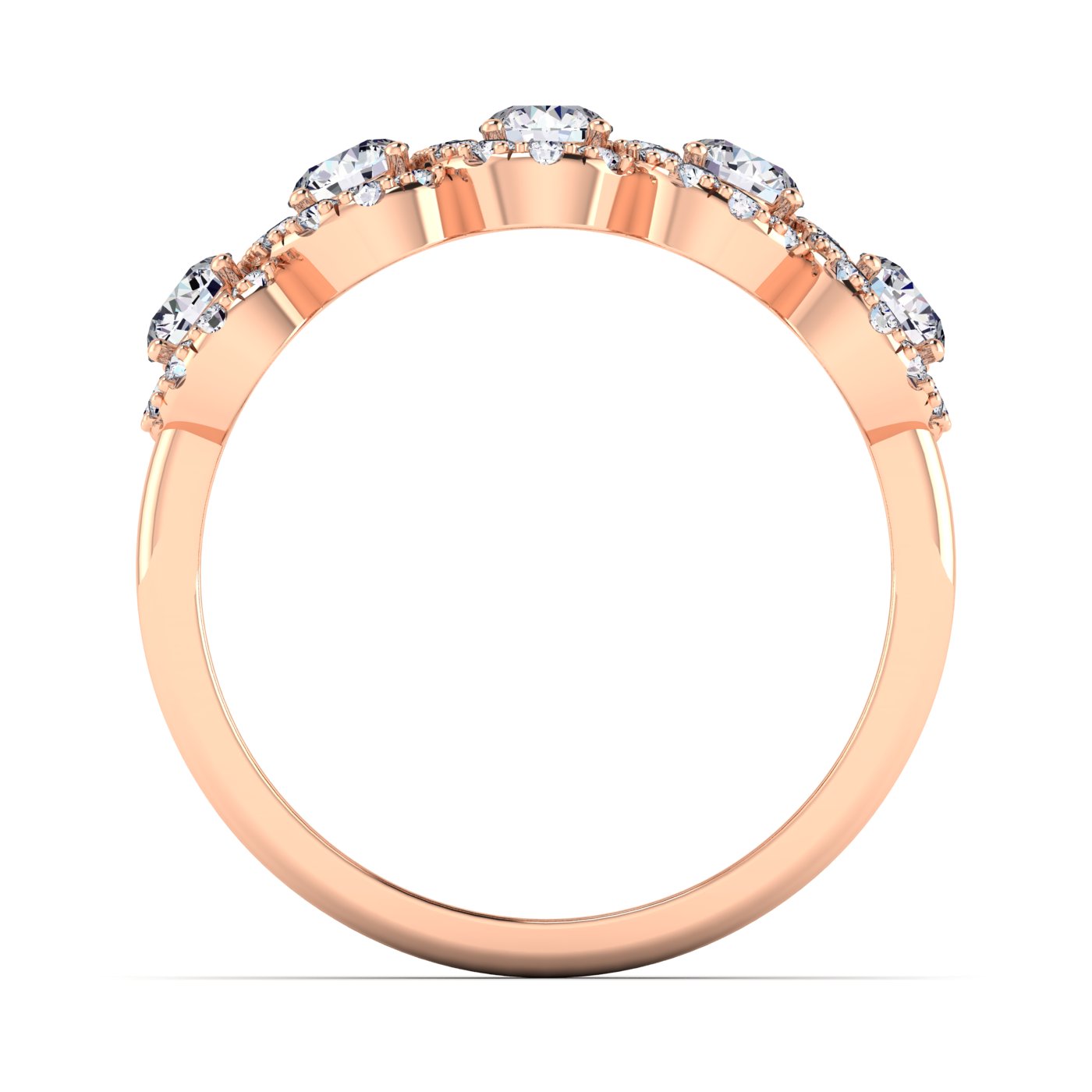 14K rose gold anniversary ring with five round lab-grown diamonds and halos