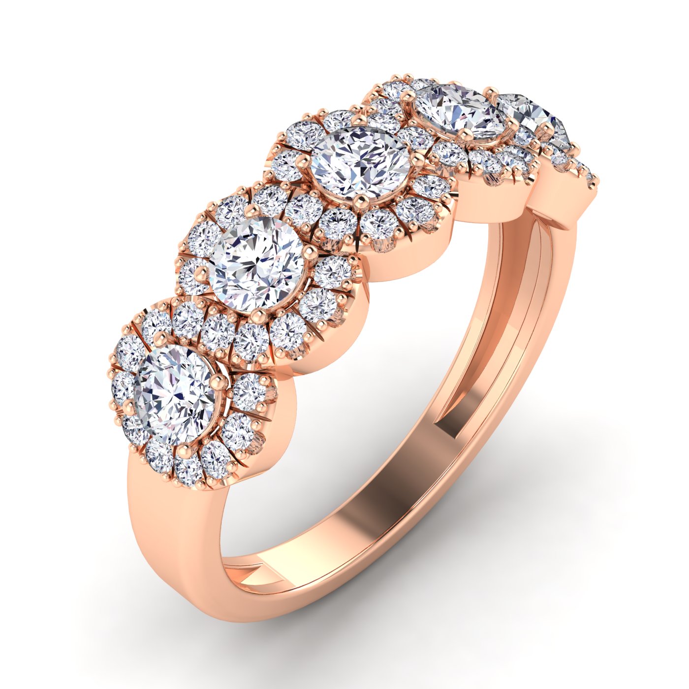 14K rose gold anniversary ring with five round lab-grown diamonds and halos