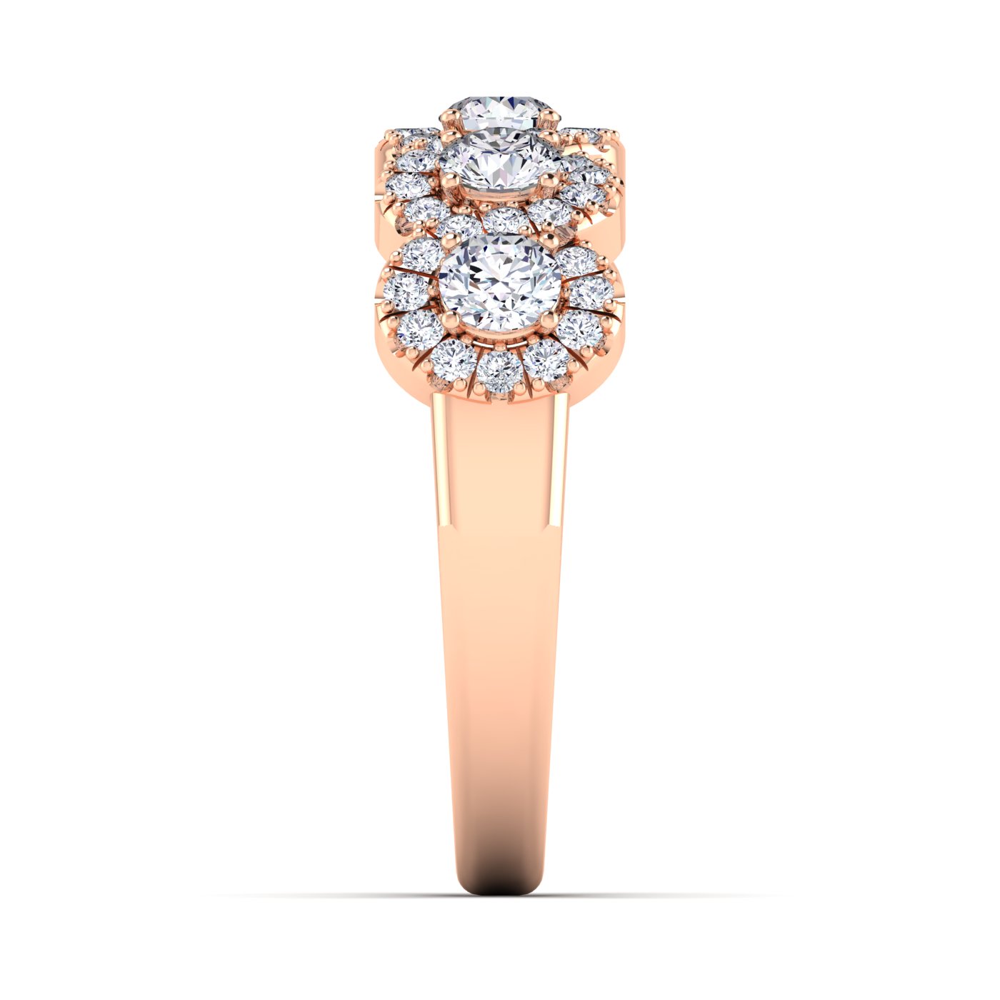 14K rose gold anniversary ring with five round lab-grown diamonds and halos