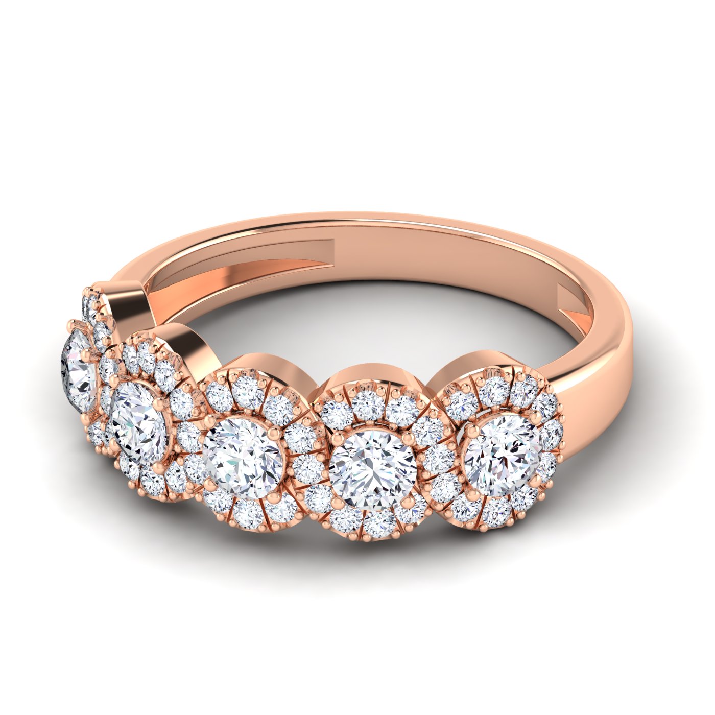 14K rose gold anniversary ring with five round lab-grown diamonds and halos