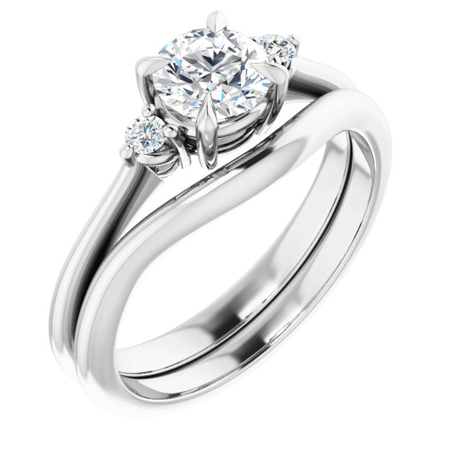 14K gold three stone engagement ring with round acccent diamonds and a polished band with matching wedding ring