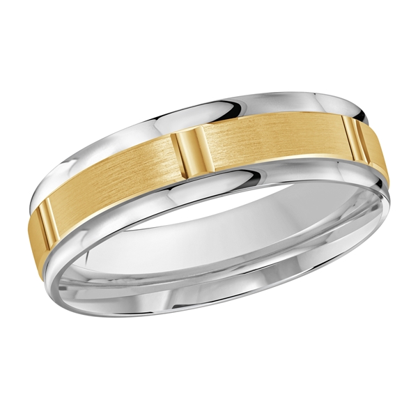 14K gold two-tone wedding ring with satin finish center featuring vertical grooves and high polish edges