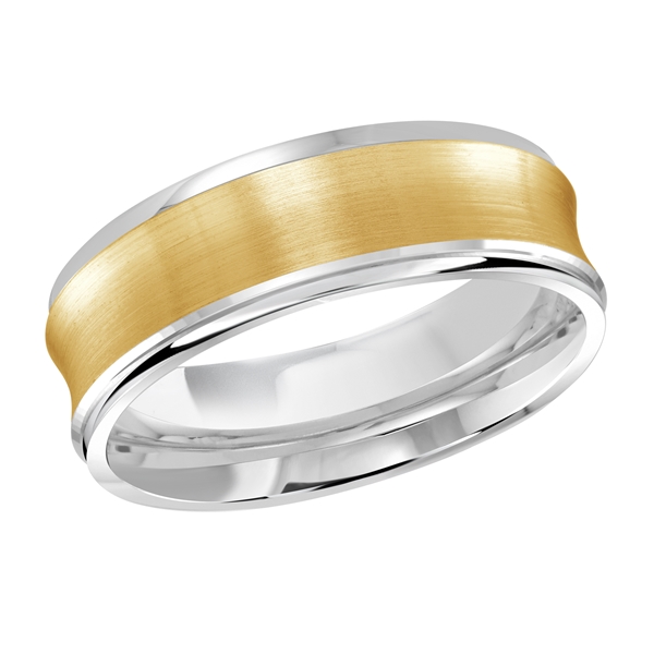 14K gold two-tone wedding ring with concave center and satin finish