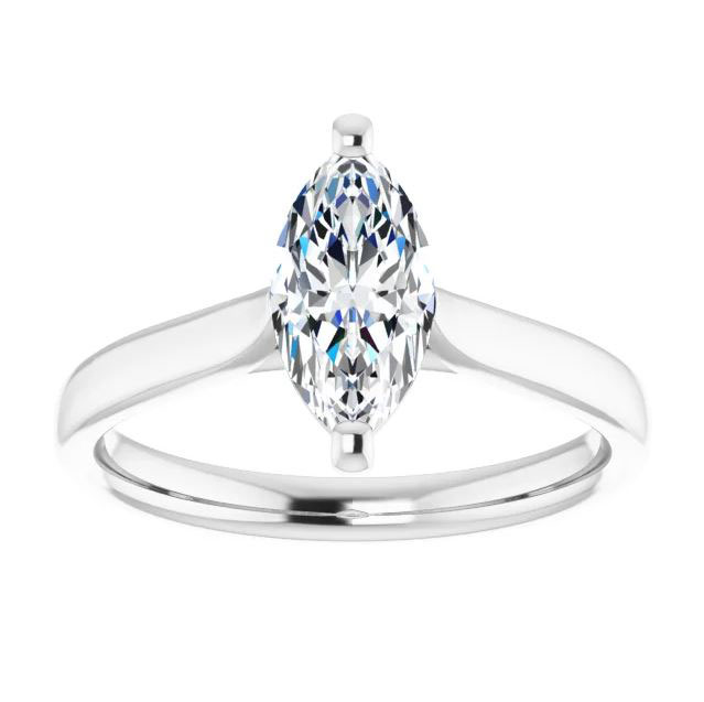 solitaire engagement ring with marquise shaped moissanite center stone and polished band