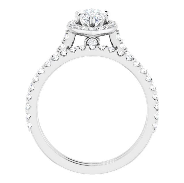 halo engagement ring with marquise shape moissanite center stone and lab grown diamond accents on the halo and band