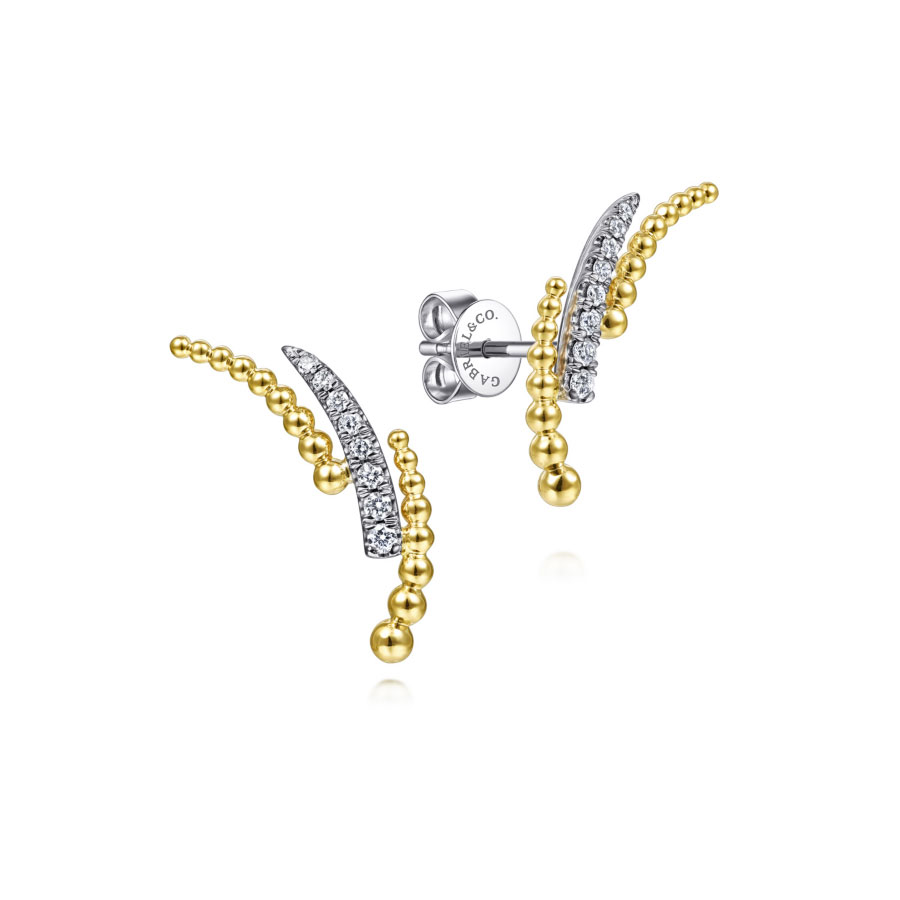 14K white gold and yellow gold stud earrings with two rows of beads and a center row of pave diamonds