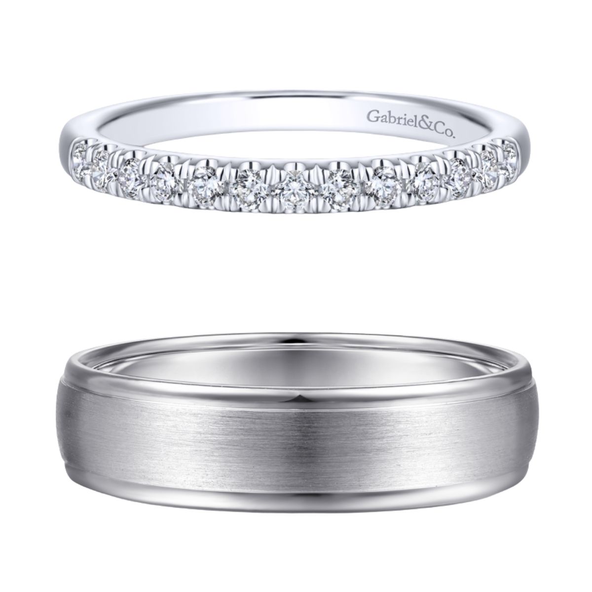 women's pave diamond wedding ring with matching men's polished wedding ring