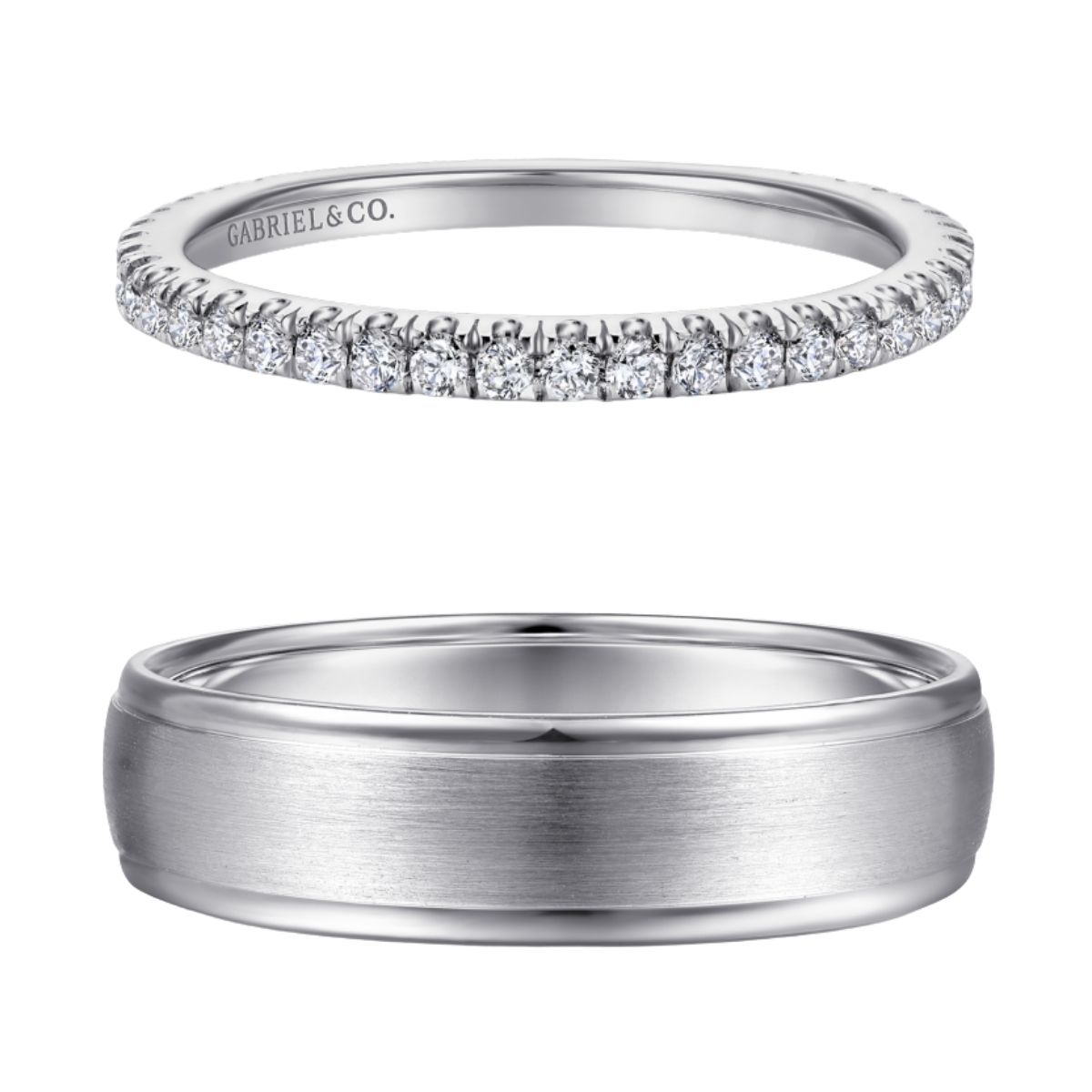 women's pave diamond wedding ring with matching men's polished wedding ring