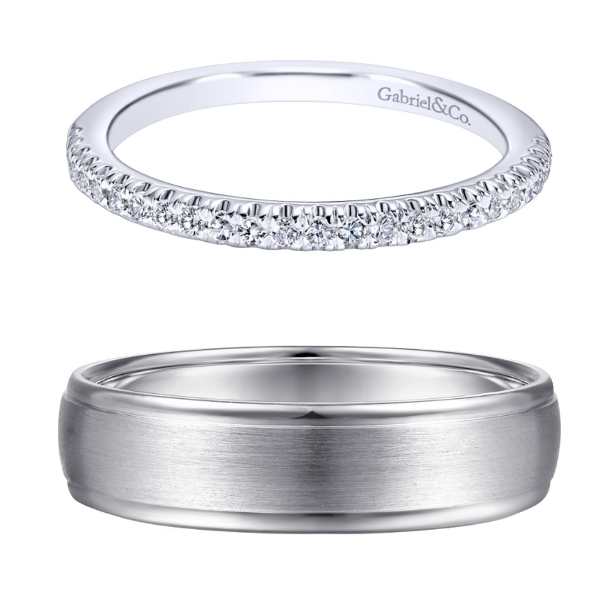 women's pave diamond wedding ring with matching men's polished wedding ring