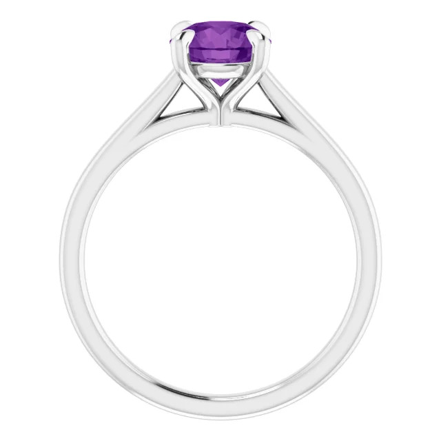 14K gold solitaire engagement ring with round amethyst center stone and polished band