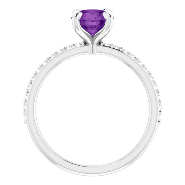 14K gold straight engagement ring with round amethyst center stone and lab-grown diamond accented band