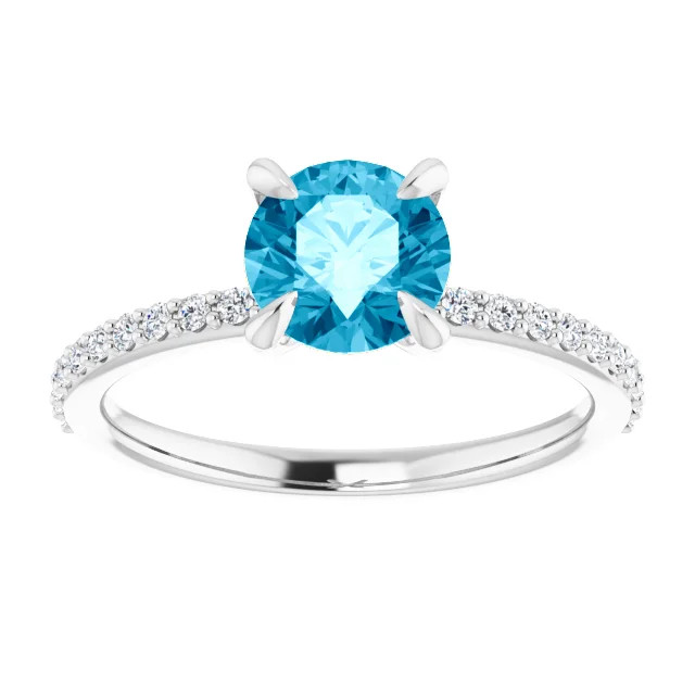 14K gold straight engagement ring with round aquamarine center stone and lab-grown diamond accented band