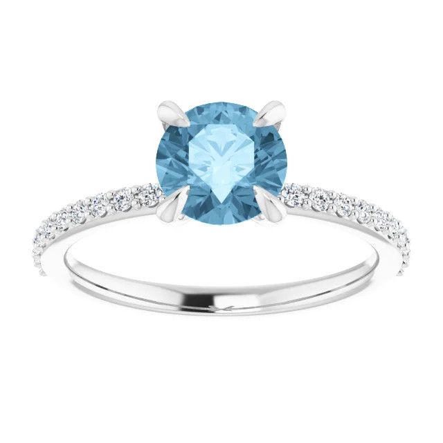 14K gold straight engagement ring with round blue topaz center stone and lab-grown diamond accented band