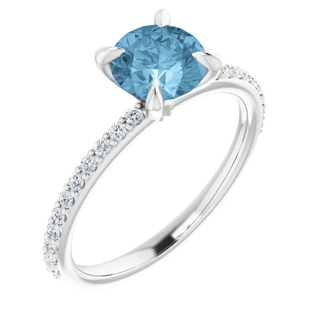 14K gold straight engagement ring with round blue topaz center stone and lab-grown diamond accented band