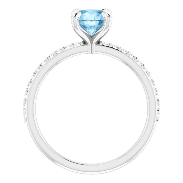 14K gold straight engagement ring with round blue topaz center stone and lab-grown diamond accented band