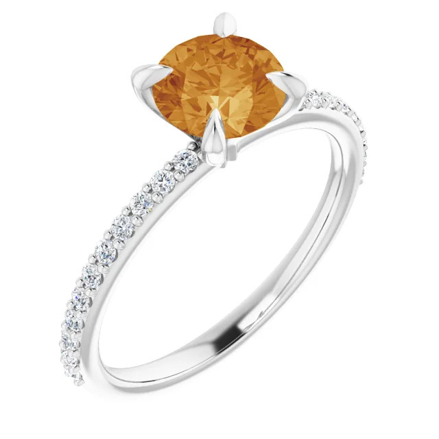 14K gold straight engagement ring with round citrine center stone and lab-grown diamond accented band