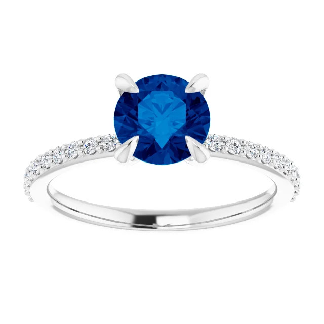 14K gold straight engagement ring with round blue sapphire center stone and lab-grown diamond accented band