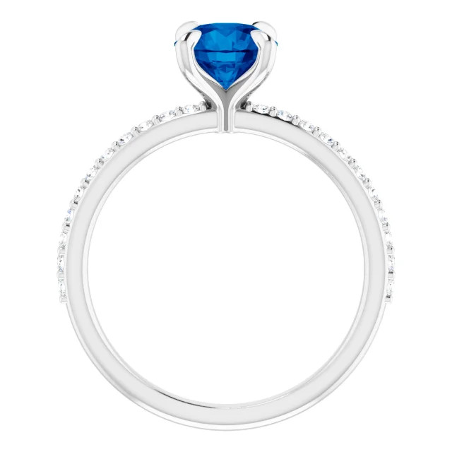 14K gold straight engagement ring with round blue sapphire center stone and lab-grown diamond accented band