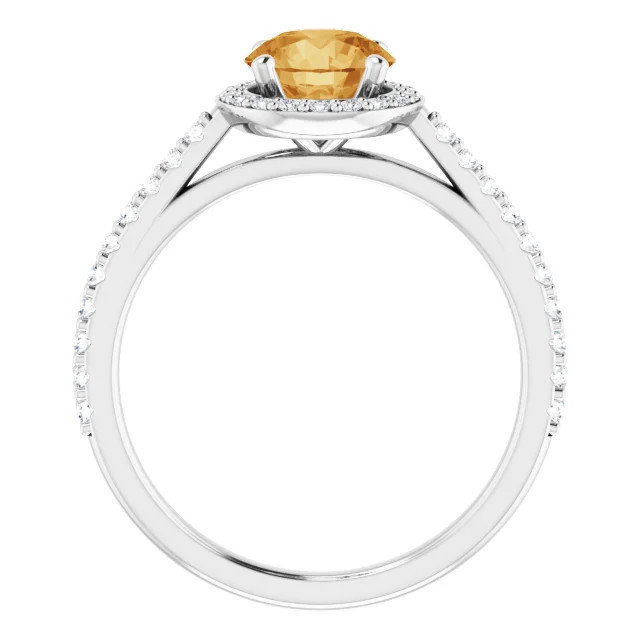 14K gold halo engagement ring with round citrine center stone and lab grown diamond halo and accented band