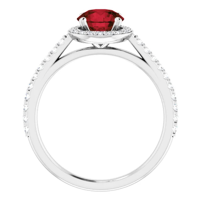 14K gold halo engagement ring with round garnet center stone and lab grown diamond halo and accented band