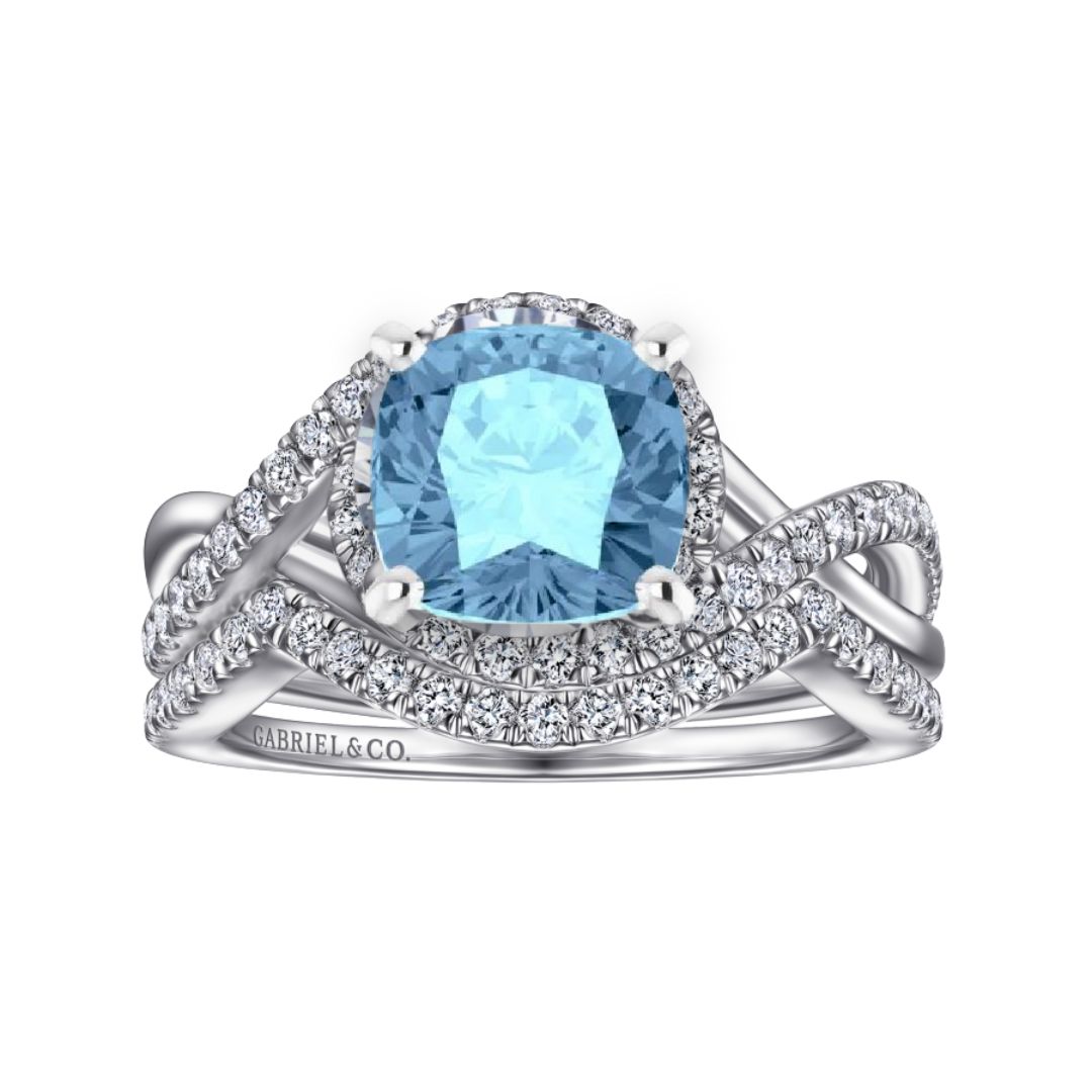 Courtney 14K White Gold Cushion Aquamarine Criss Cross Halo Bridal Set (1 3/4 TCW)