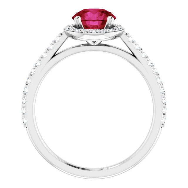 14K gold halo engagement ring with round lab grown ruby center stone and lab grown diamond halo with lab grown diamond accented band