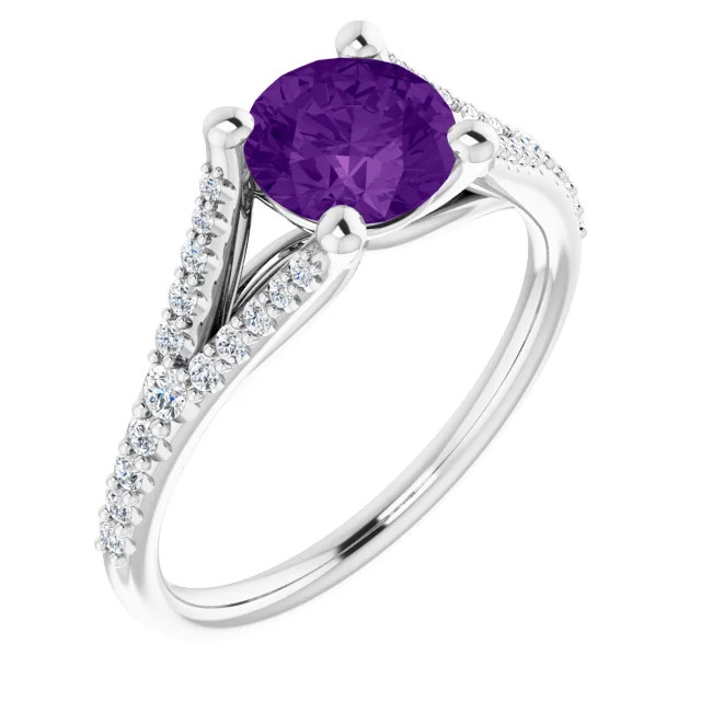 14K gold spit shank engagement ring with round amethyst center stone and lab grown diamond accented band