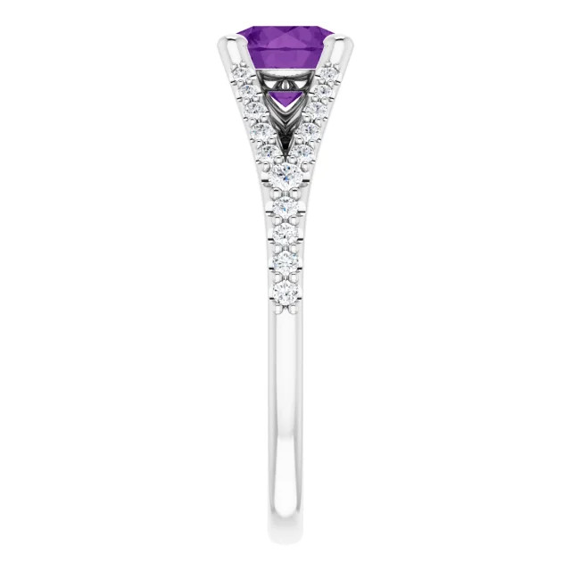 14K gold spit shank engagement ring with round amethyst center stone and lab grown diamond accented band