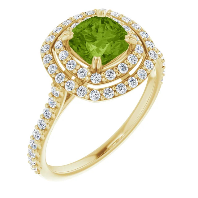 14K yellow gold engagement ring with cushion peridot center stone and double halo of lab grown diamonds with diamond accented band