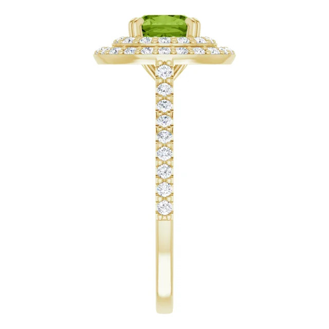 14K yellow gold engagement ring with cushion peridot center stone and double halo of lab grown diamonds with diamond accented band