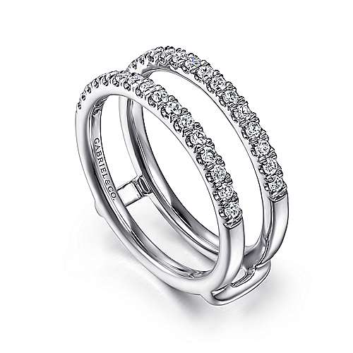 14K gold diamond ring enhancer with two straight pave wedding bands connected