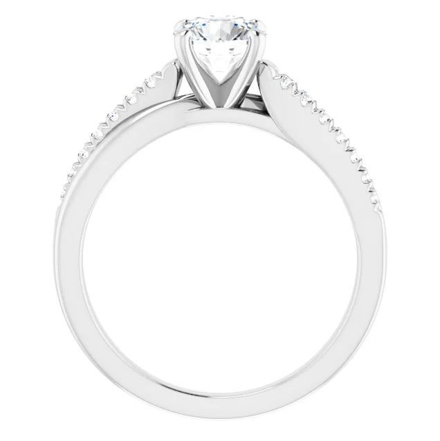 criss cross engagement ring setting with a strand of polished metal and a strand of pave diamonds leading to a center stone