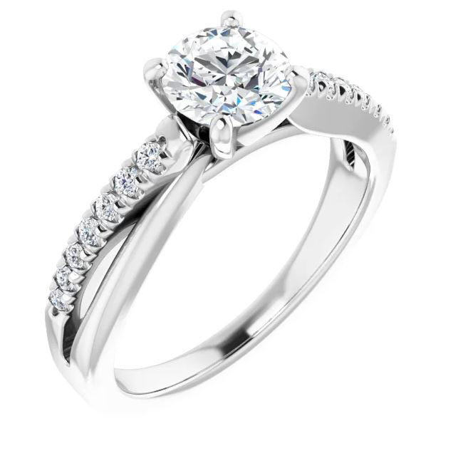 criss cross engagement ring setting with a strand of polished metal and a strand of pave diamonds leading to a center stone
