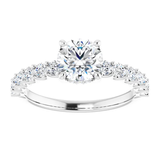 straight engagement ring with hidden halo of diamonds with diamond accented band