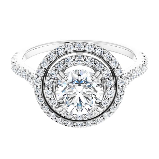 engagement ring with double halo and accented band