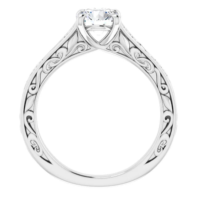 vintage-inspired engagement ring with scrollwork and diamond accents in the band