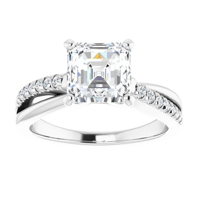 criss cross engagement ring with intertwining strips of polished metal and pave diamonds beneath an asscher cut moissanite center stone